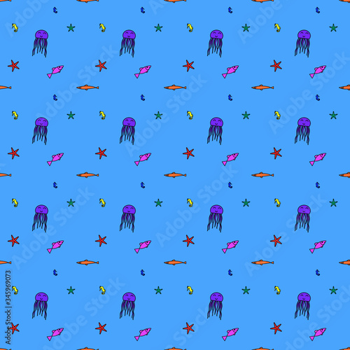 Cute sea creature vector, seamless pattern marine life, fish jellyfish starfish seahorse cartoon, colorful blue background, aquatic life, water, beautiful wallpaper for kid 