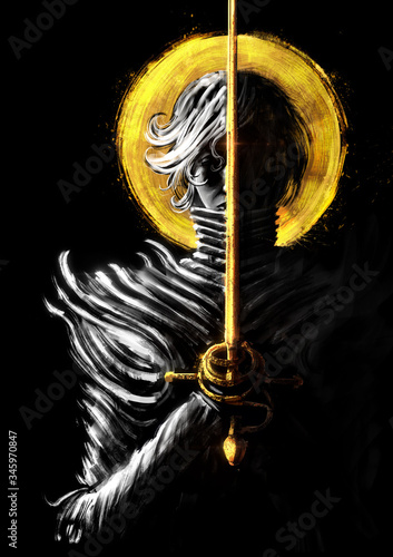 Fotografia A woman swordsman in beautiful armor, stands straight and prays holding a Golden rapier in her hand, behind her bright yellow and gold sun
