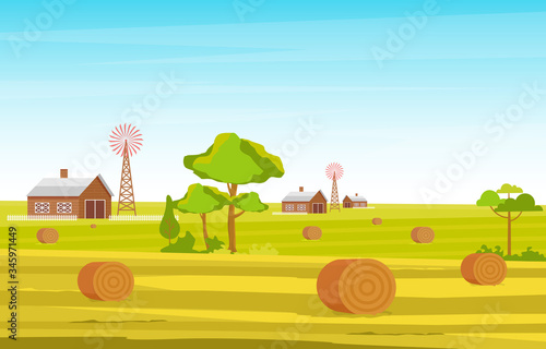 Agriculture Wheat Field Farm Rural Nature Scene Landscape Illustration