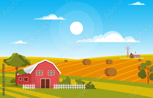 Agriculture Wheat Field Farm Rural Nature Scene Landscape Illustration