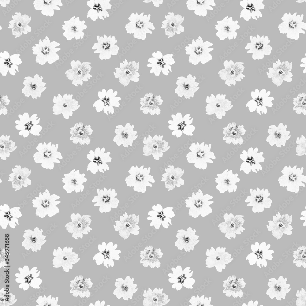 Hand drawn seamless pattern of white blooming wildflowers on a gray background. Decorative spring floral watercolor illustration for design card, invitation, wallpaper, wrapping paper, fabric Hand drawn seamless pattern of white blooming wildflowers on a gray background. Decorative spring floral watercolor illustration for design card, invitation, wallpaper, wrapping paper, fabric