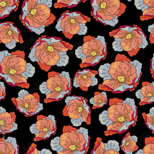 Seamless vector pattern of Chemernik on black background. Pattern of winter flowers. Use for printing, textiles, design, design, leaflets, greetings, websites, wallpapers and wrapping paper. photo