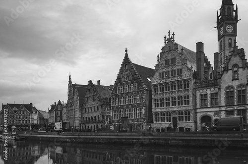 old houses in gent port in black and white belgium
