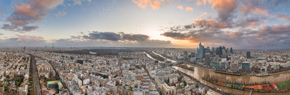 Dec 24, 2019 - Paris, France:Panoramic aerial drone shot of Neuilly in Paris