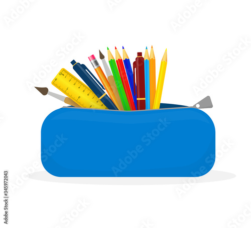 Colorful pencil case on white background. School supplies cartoon illustration. Flat icon design. Isolated objects.