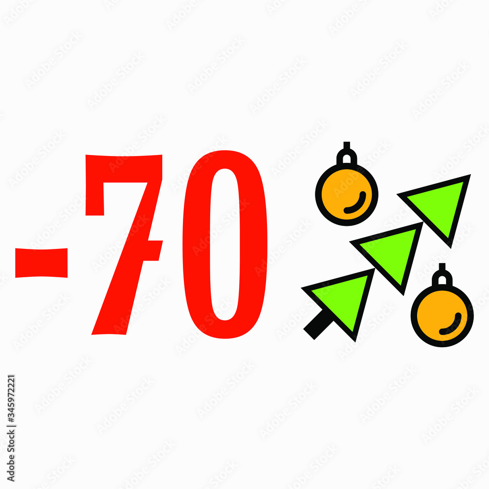 Icon 70 percent discount for the new year. Discount for Christmas. Reducing the price of goods for the holiday. Interest discount in the form of a Christmas tree with balls. Vector Icon
