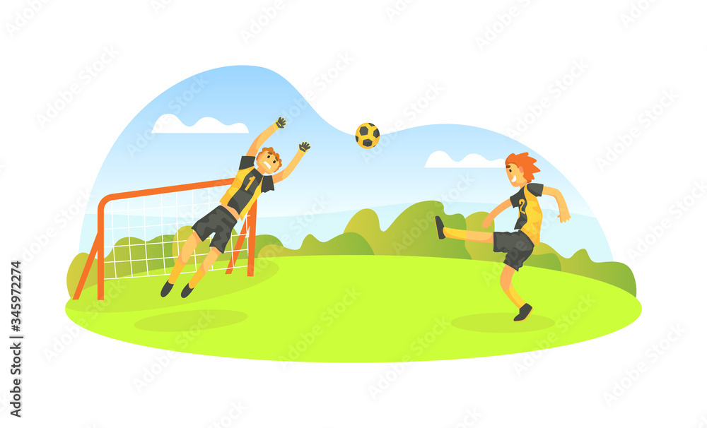 Teenager Boys Playing Football Outdoors, Soccer Players Kicking Ball at the Soccer Field Vector Illustration