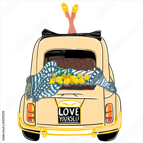 Yellow car on white background. Lemons on a car. Italian car for travel.