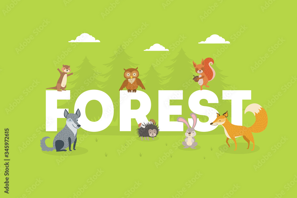 Naklejka premium Forest Banner, Cute Wild Animals with Giant Letters, boar, Hedgehog, Squirrel, Hare, Fox, Owl Vector illustration