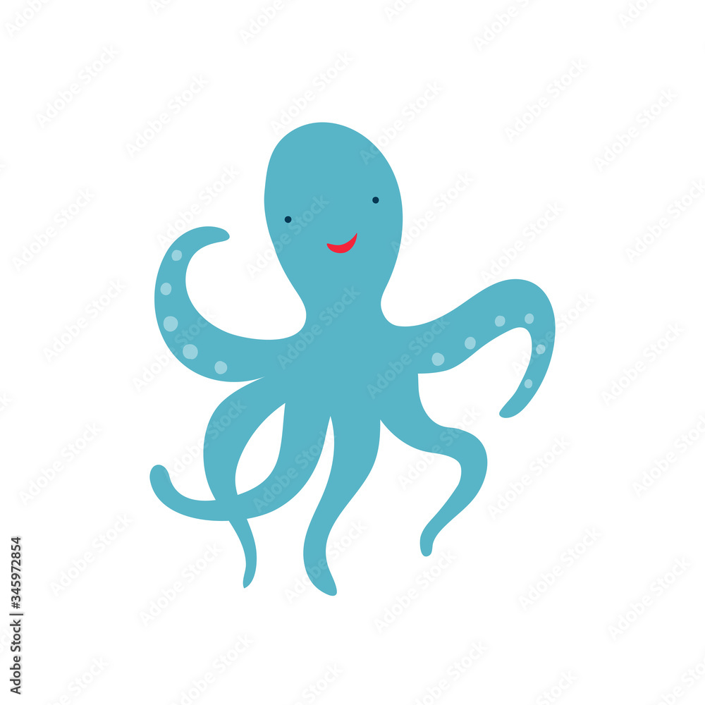 Cute blue octopus on a white background in a flat style. Vector illustration Cute blue octopus on a white background in a flat style. Vector illustration