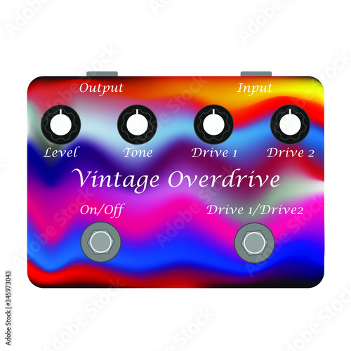 colorful boutique custom overdrive guitar stomp box effect, graphic icon design. t-shirt artwork.