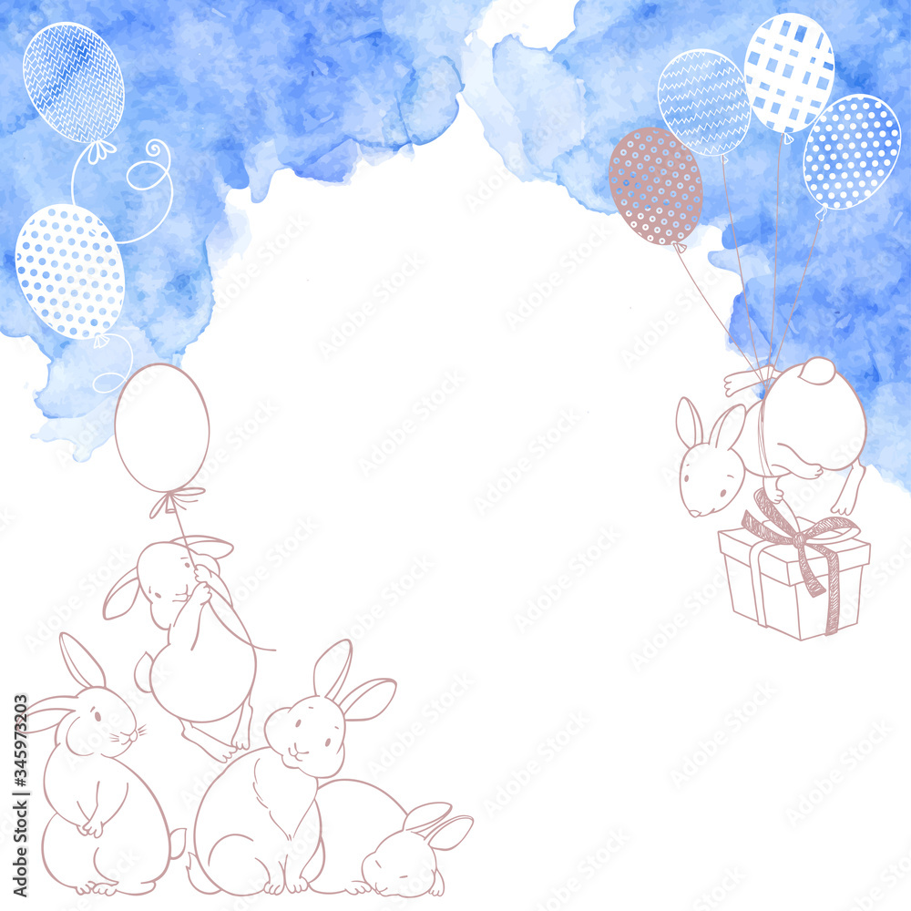 Cartoon holiday background with adorable rabbits, blue watercolor element on white. Vector illustration with place for text. Can be greeting cards, invitations, flyers, element for design.