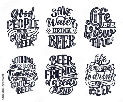 Set with lettering quotes about beer in vintage style. Calligraphic posters for t shirt print. Hand Drawn slogans for pub or bar menu design. Vector
