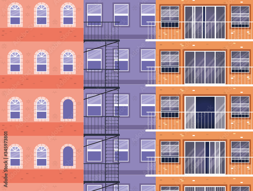 Windows outside colored buildings vector design