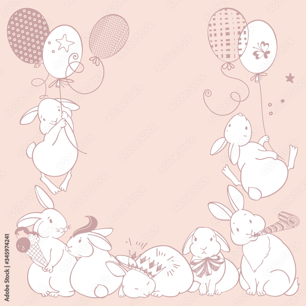 Cartoon holiday background with adorable rabbits on pink. Vector illustration. Can be greeting cards, invitations, flyers, element for design. Cartoon holiday background with adorable rabbits on pink. Vector illustration. Can be greeting cards, invitations, flyers, element for design.