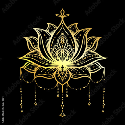 Ornate Lotus flower. Ayurveda symbol of harmony and balance and universe. Tattoo design, yoga logo. Boho print, poster, t-shirt textile. Isolated outline vector illustration in gold colors.