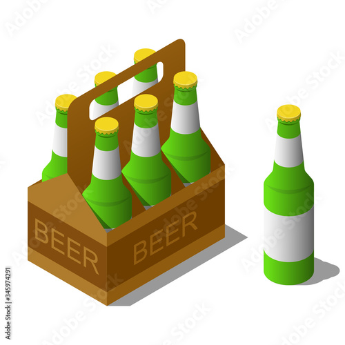 Isometric cardboard box with group of beer bottles isolated on white background.