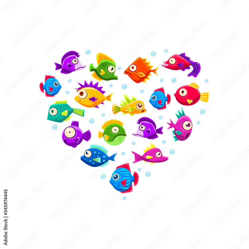 Cute Colorful Tropical Fishes of Heart Shape, Exotic Underwater Creatures, Ocean or Sea Life Vector Illustration