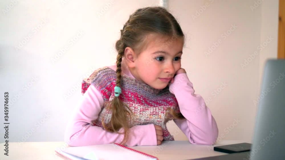 Girl studying online with laptop. Distance learning and child. Online schooling during pandemic. Girl studying online with laptop. Distance learning and child. Online schooling during pandemic.