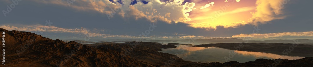 Panorama of the river valley at sunset, bay at sunrise, 3D rendering