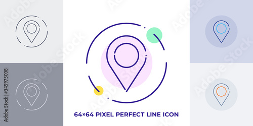 Navigation tag line art vector icon. Outline symbol of position marker. Location pin pictogram made of thin stroke. Isolated on background.