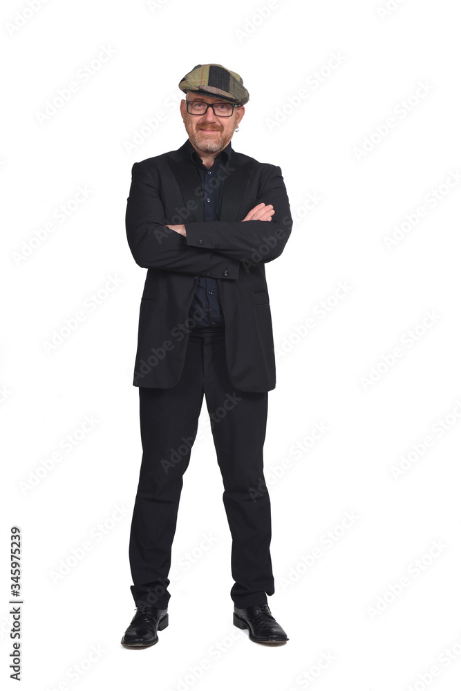 bald man with glasses and cap on white background bald man with glasses and cap on white background