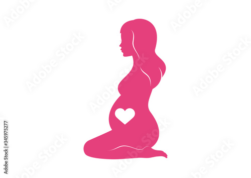 Pregnant kneeling woman silhouette icon vector. Beautiful pregnant woman kneeling icon. Silhouette of pregnant woman with heart vector. Abstract pregnant woman in yoga position pink icon