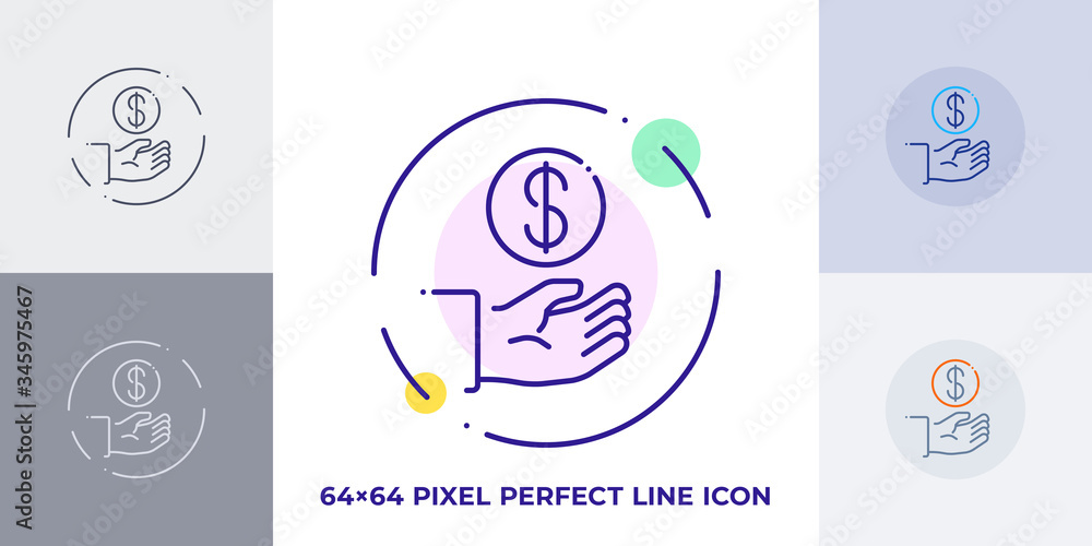 Hand with coin line art vector icon. Outline symbol of payment. Investment pictogram made of thin stroke. Isolated on background.
