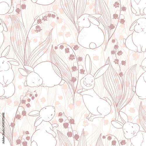 Cute rabbits and lilies of the valley on white. Seamless pattern. Cartoon vector illustration. Animal background