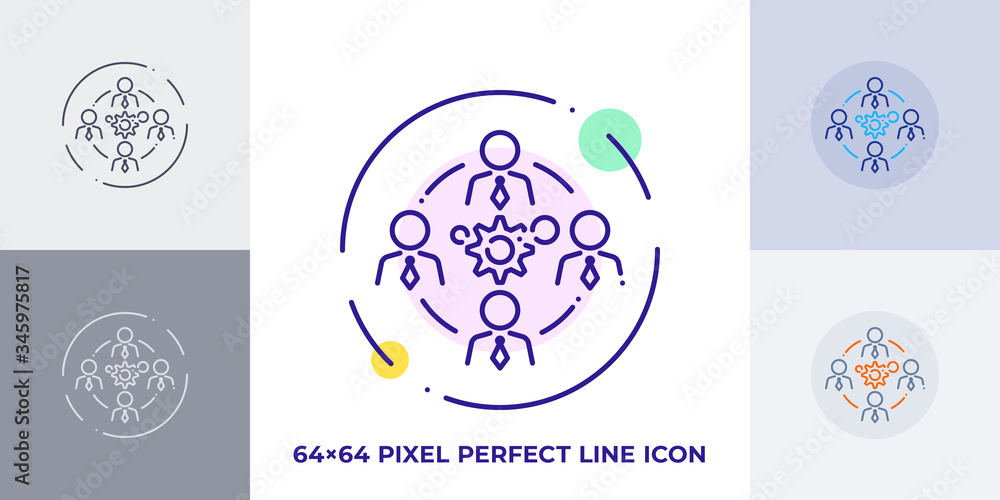 Business teamwork line art vector icon. Outline symbol of people group around gears. Cooperation pictogram made of thin stroke. Isolated on background.