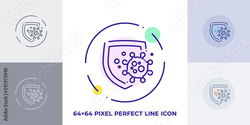 Shield protects from virus cell line art vector icon. Outline symbol of health protection. Immunity defense pictogram made of thin stroke. Isolated on background.