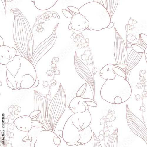 Cute rabbits and lilies of the valley on white. Seamless pattern. Cartoon vector illustration. Animal background