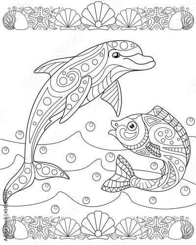 Page for sea book - coloring books with dolphin, fish, waves and bulbs - stock illustration. Vector linear coloring book about the inhabitants of the ocean. Outline. Hand drawing.