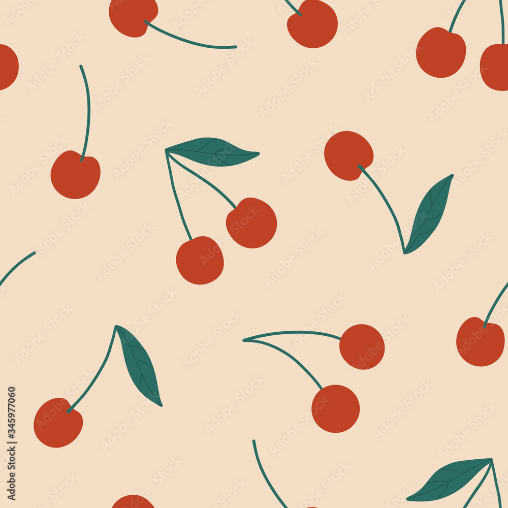 Cherry seamless vector pattern. Summer organic fruit background. Trendy childish pattern with berries for decoration design, poster, textile. Simple vector illustration with vegetarian healthy food Cherry seamless vector pattern. Summer organic fruit background. Trendy childish pattern with berries for decoration design, poster, textile. Simple vector illustration with vegetarian healthy food