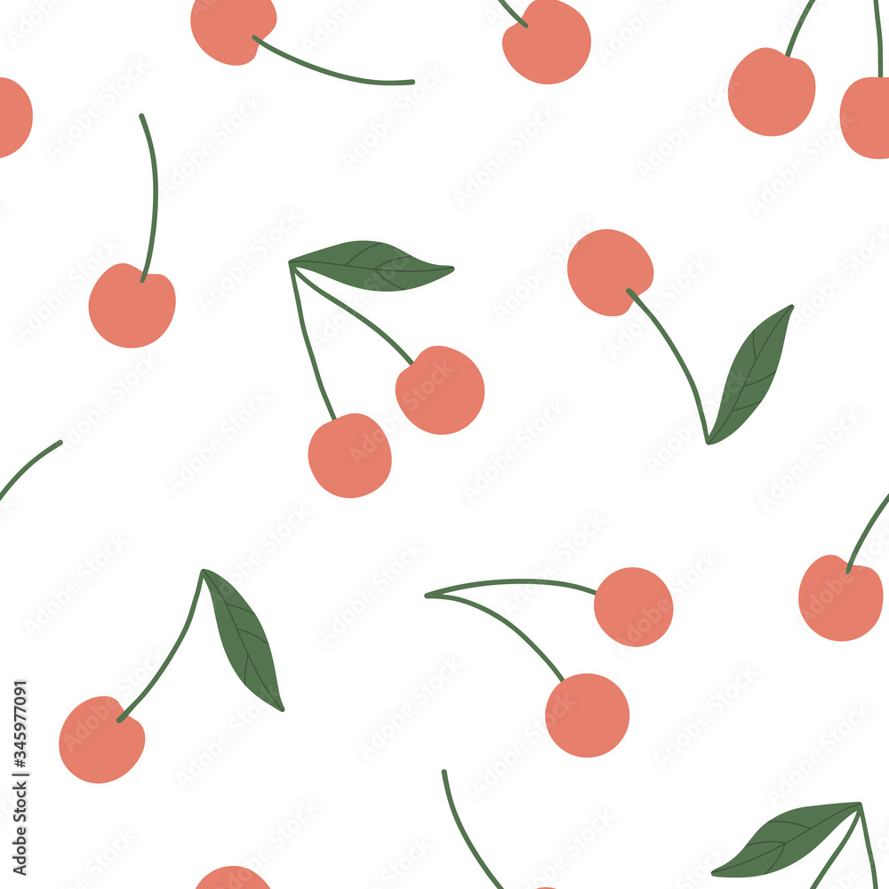Cherry seamless vector pattern. Summer organic fruit background. Trendy childish pattern with berries for decoration design, poster, textile. Simple vector illustration with vegetarian healthy food Cherry seamless vector pattern. Summer organic fruit background. Trendy childish pattern with berries for decoration design, poster, textile. Simple vector illustration with vegetarian healthy food