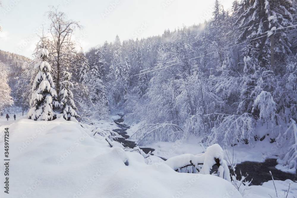 a beautiful snowy mountain landscape in the Carpathians, a mountain winter river a beautiful snowy mountain landscape in the Carpathians, a mountain winter river