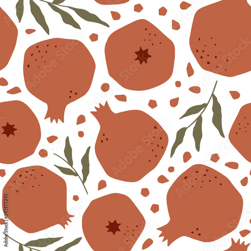 Pomegranate vector seamless pattern. Fruits background.  Summer pattern for decoration design, poster, textile. Tropical backdrop. Vegetarian healthy food illustration