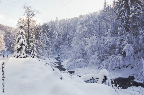a beautiful snowy mountain landscape in the Carpathians, a mountain winter river