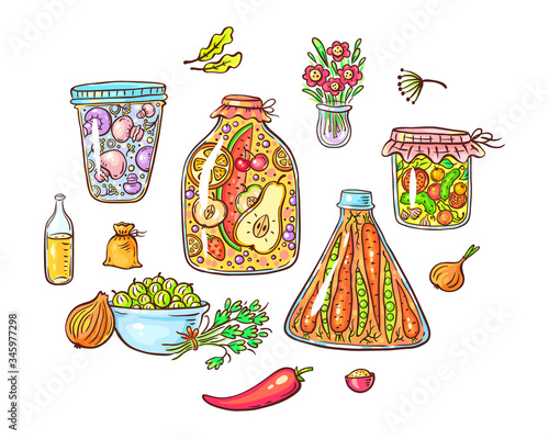 A set of cartoon pickled or marinated vegetables and spices