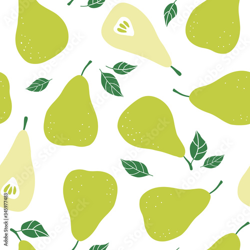 Pear seamless vector pattern. Summer hand drawn vector fruit background. Trendy childish pattern with berries for nursery, prints, textile and decoration design. Simple vector organic illustration