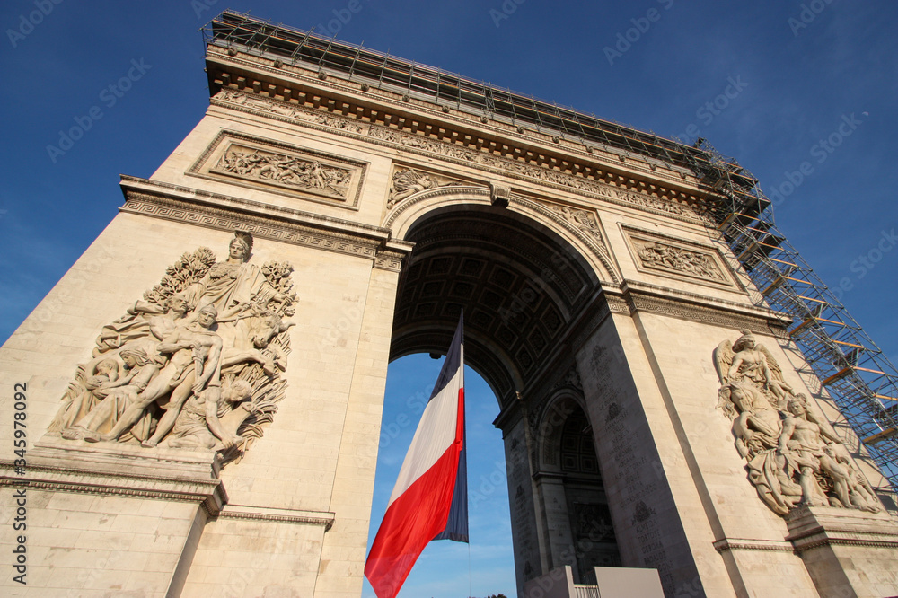 Close up of the Arc de Triomphe in Paris, France