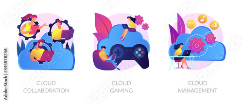 Computing technology. Internet of things. Cloud collaboration, cloud gaming, cloud management metaphors. Data centers available to many Internet users. Vector isolated concept metaphor illustrations
