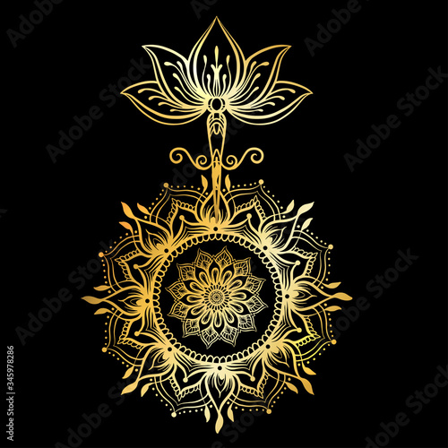 Ornate Lotus flower. Ayurveda symbol of harmony and balance and universe. Tattoo design, yoga logo. Boho print, poster, t-shirt textile. Isolated outline vector illustration in gold colors.