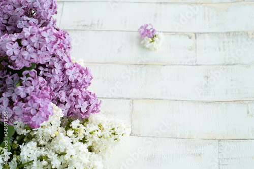 bright blooming violet and white lilac on a light background imitating a tree. Wooden background, branches and flowers of lilac laid out on the background. Photophone for decor