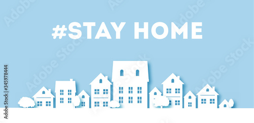 messege stay home in paper art style on blue background a lot of house isolation COVID 19 coronavirus vector illustration