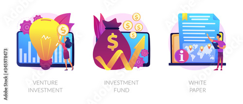 Crowdfunding campaign. Startup financing, seed funding. Creative idea generation. Venture investment, investment fund, white paper metaphors. Vector isolated concept metaphor illustrations