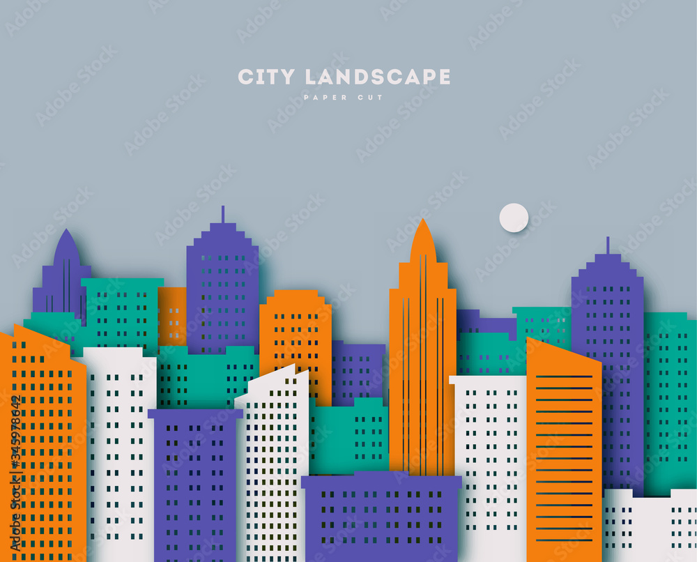 Cityscape, paper art style.Colorful Landscape paper cut uraban with clouds and blue background. vector illustration