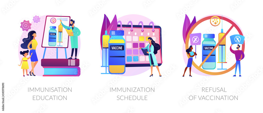Immunisation policy and implementation abstract concept vector illustration set. Healthcare education, national immunization schedule, refusal of vaccination, allergy side effects abstract metaphor.