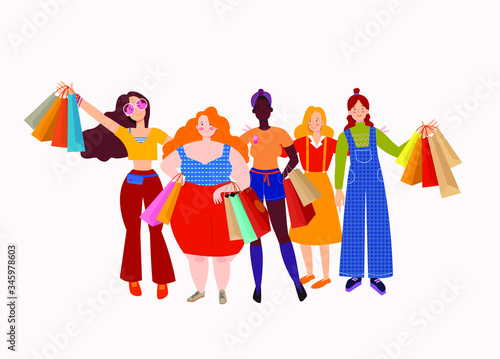 Group of smiling girls holding shopping bags. Women enjoy shopping, Sale, Summer shopping.