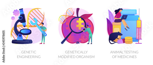 Gene manipulation. Genetic research. DNA recombination. Genetic engineering, GMO genetically modified organism, animal testing of medicines metaphors. Vector isolated concept metaphor illustrations